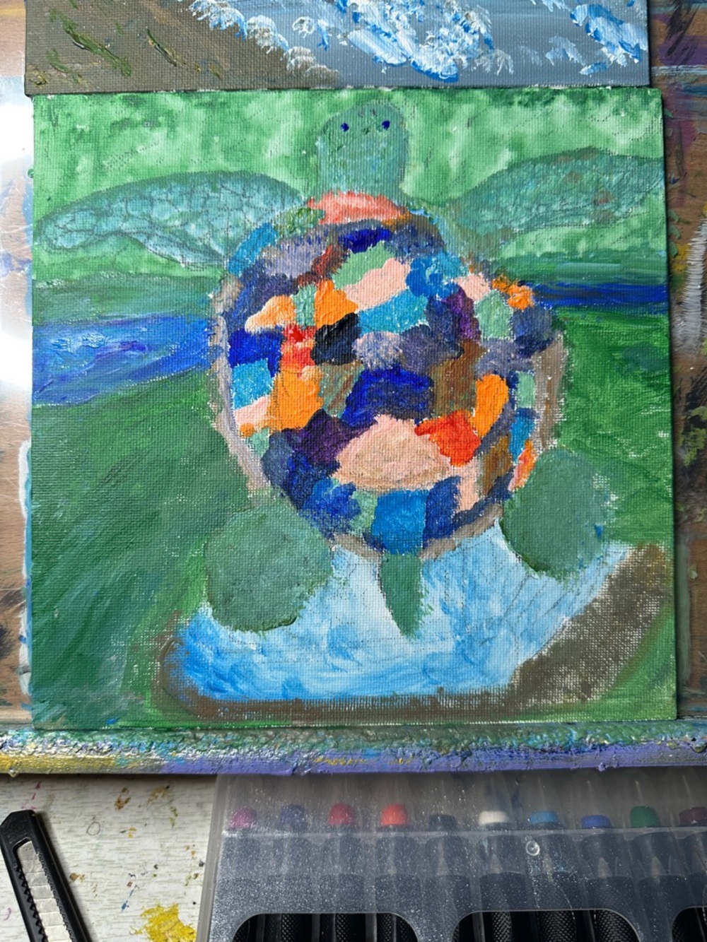 Hand-Painted Turtle Canvas Art - Green with Multicolor Shell